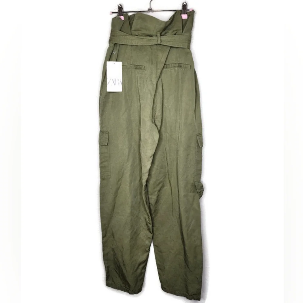 Zara High Waist Belted Cargo Trousers in Olive Green Size S New With Tags